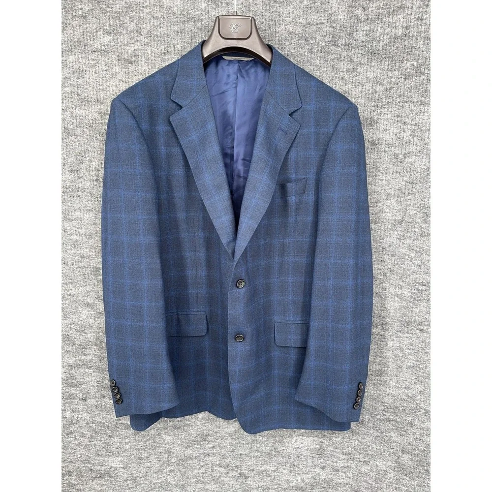 Canali Blazer Mens 48 Blue Wool Stretch Plaid 2 Button Sport Coat Made In Italy